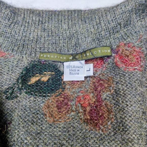 Peruvian Connection 100% Alpaca Green Floral Knit Cozy Cardigan Sweater Large - Picture 6 of 10